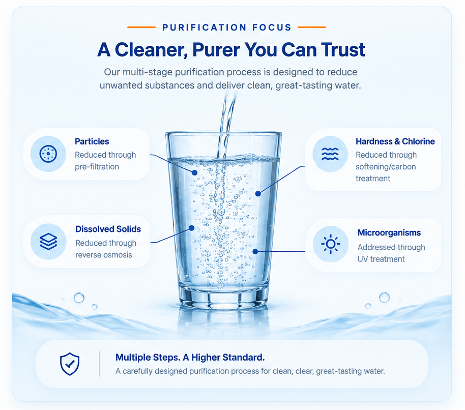 Purification focus infographic showing how particles, hardness, chlorine, dissolved solids, and microorganisms are reduced through Sterling's multi-stage purification process