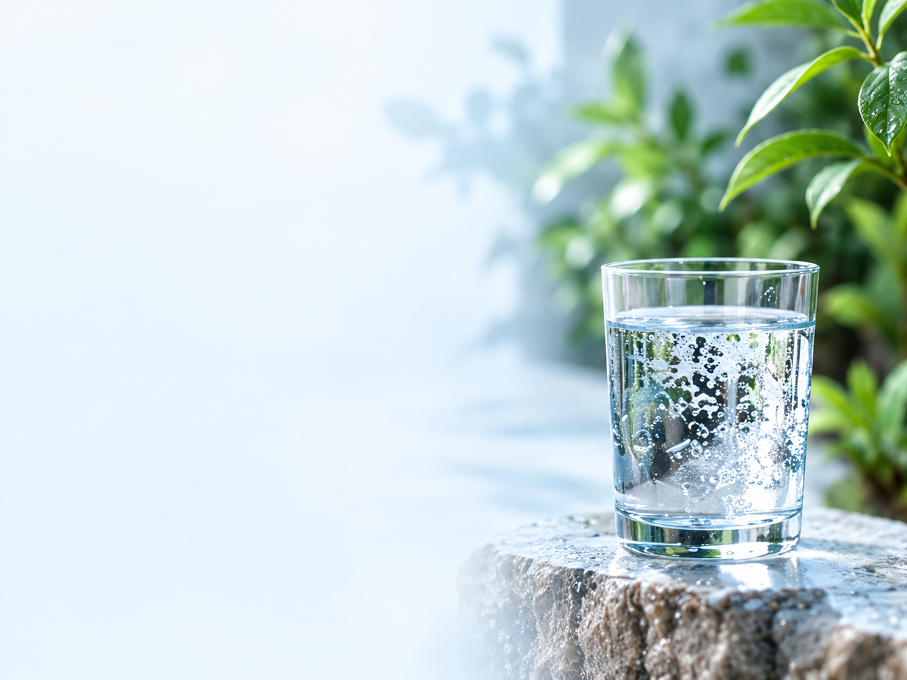 A clear glass of fresh Sterling alkaline water outdoors