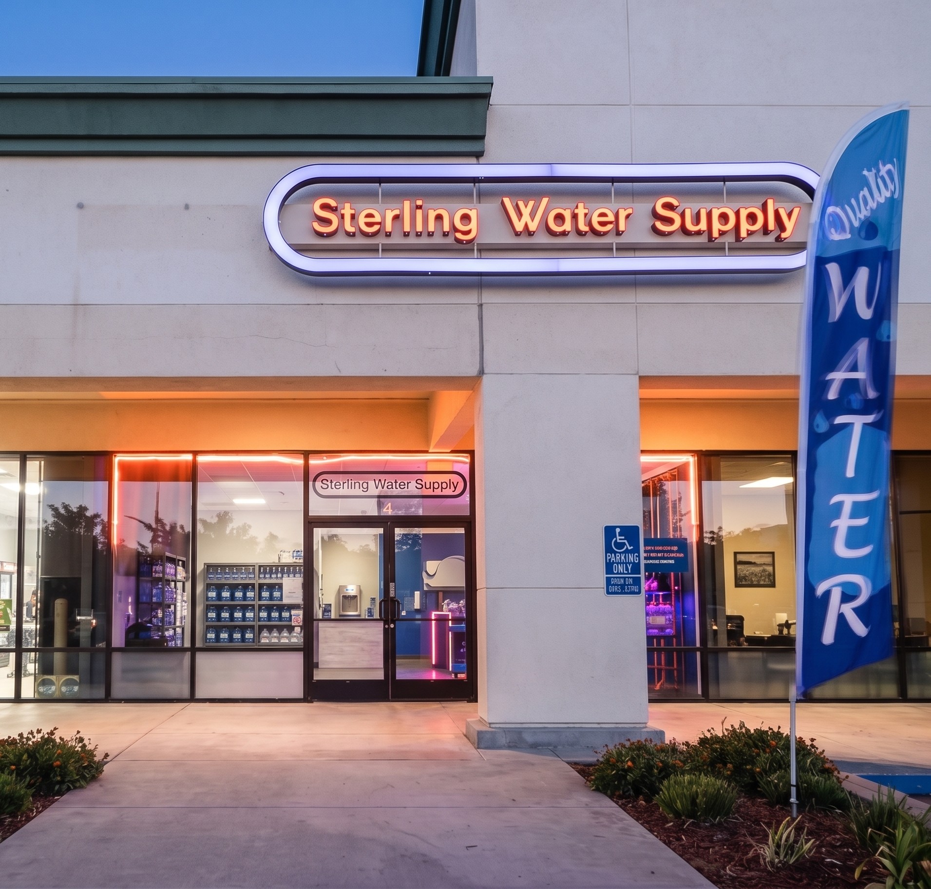 Exterior of the Sterling Water Supply refill store in Rio Linda, California, with illuminated signage and a Quality Water feather flag