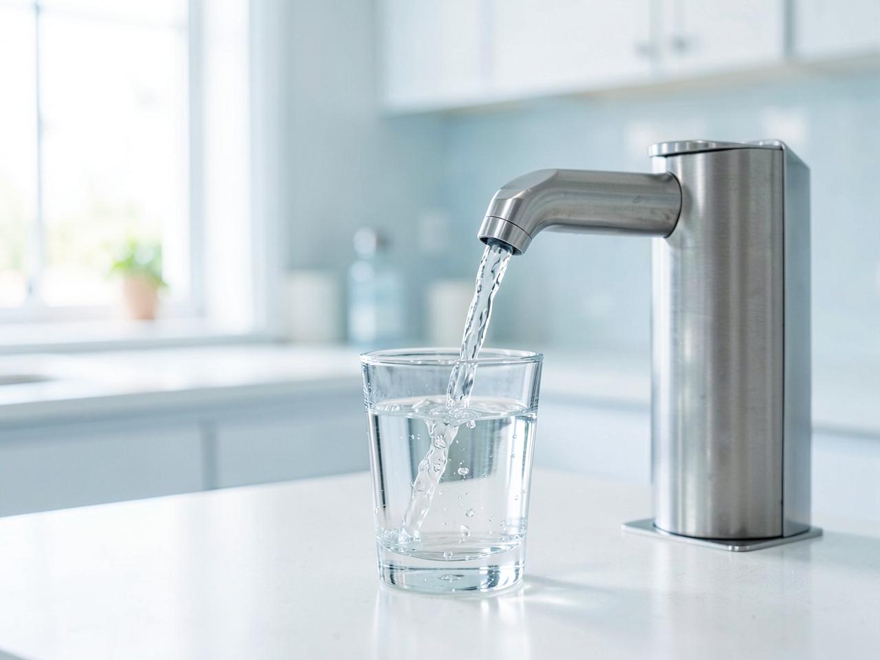A clear glass being filled with fresh Sterling purified water at a modern refill station